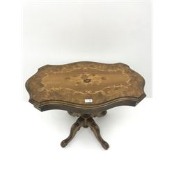Italian marquetry shaped top pedestal table, turned column on four supports