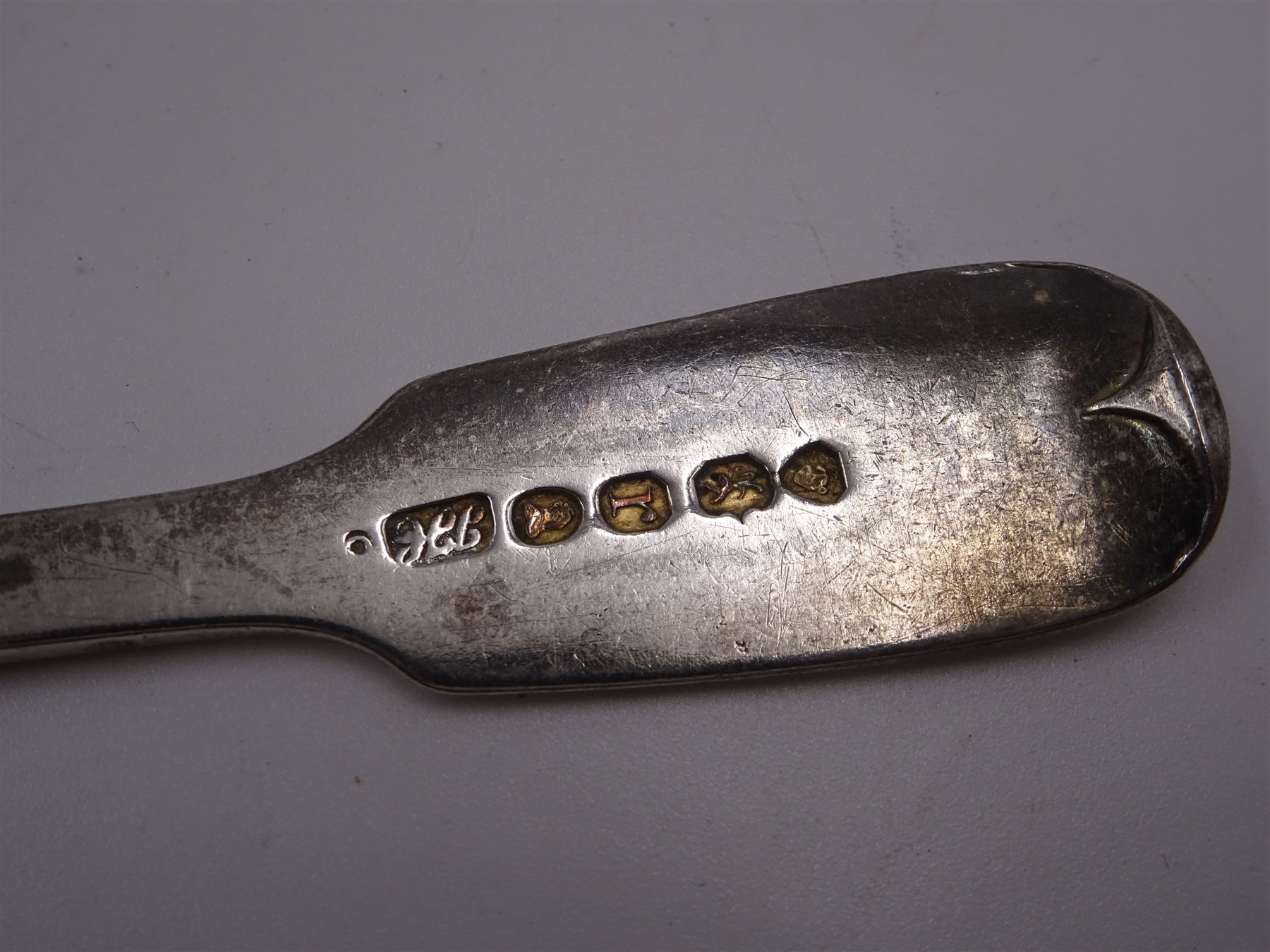 Collection of early 19th century silver spoons, comprising pair of Fiddle pattern teaspoons, hallmarked Jonathan Hayne, London 1832, together with three Old English pattern examples, four other Fiddle pattern teaspoons and a mustard spoon, all hallmarked, with varying maker's including William Bateman and Samuel Hayne & Dudley Cater, dated between 1822 and 1836