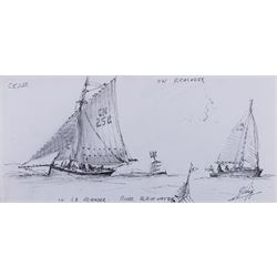 Jack Rigg (British  1927-2023): Whitby Fish Quay Portraits and Yorkshire Cobles - Filey and Whitby, two pen and ink sketches variously inscribed and dated, 25cm x 20cm and 11.5cm x 25cm (2) (unframed)