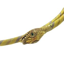 Early - mid 20th century gold coiled snake necklace, the 18ct tri-coloured body with 9ct gold head stamped