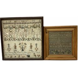 George III sampler, worked by Sarah Simpson, Aged 10, dated 1805, depicting a flowering motif flanked by two figures and flowering urns, beneath rows of alphabet, framed and glazed, overall H34.5cm W34.5cm, together with a later William IV sampler, worked by Frances Miles, dated 1832, depicting rows of alphabet above a flowering vine, framed and glazed, overall H27cm W26.5cm