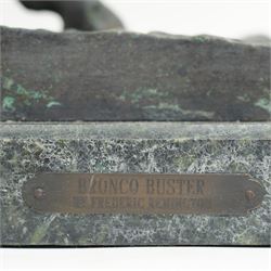 After Frederick Remington (American 1861-1909): 'Bronco Buster', limited edition bronze bearing signature and numbered 7/100, with foundry or ranch mark to horses backside of a triangle within circle, on green marble base, H56cm