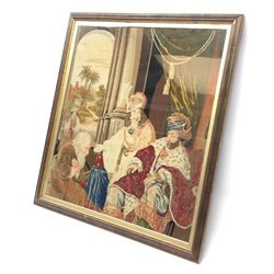  Victorian Berlin woolwork panel depicting a religious scene, 72cm x 77cm overall   