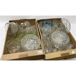 Victorian cut clear glass lustre, decorated with stars, with hollow stem, shaped rim and pendant lustre drops, raised upon circular domed base, H33cm, Mats Jonasson Maleras Sweden glass butterfly bowl, in blue and green colourway, D17cm, together with quantity of glass ware to include uranium glasses, in two boxes