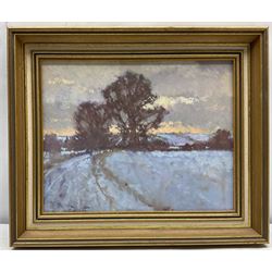Oliver Warman RBA ROI (British 1932-2017): 'Evening' Winter Landscape, oil on board, signed and titled verso 23cm x 29cm
