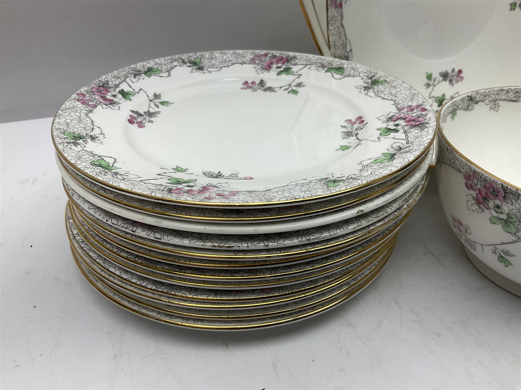Shelley Bramble Rose pattern tea service, comprising milk jug, open sucrier, ten cups and twelve saucers, twelve dessert plates and two cake plates (38)
