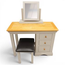 Modern bedroom suite comprising; a dresser, blanket box, bedside table, oak tops over a pale blue with wooden turned knobs

Dresser (H 77cm, D 48cm, W 107cm)
Blanket box (H 51cm, D 48cm W 91cm)
Bedside table (H 64cm, D 39cm, W 54cm)