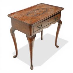 18th century Dutch marquetry side table, rectangular tray top decorated with floral inlays, fitted with a single cock-beaded drawer over shaped apron, raised on cabriole supports with pad feet