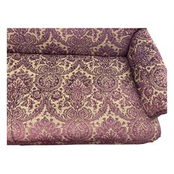 Multi-York - contemporary two-seat sofa, upholstered in damask fabric in shades of burgundy and beige, raised on turned and fluted supports; complete with matching footstool