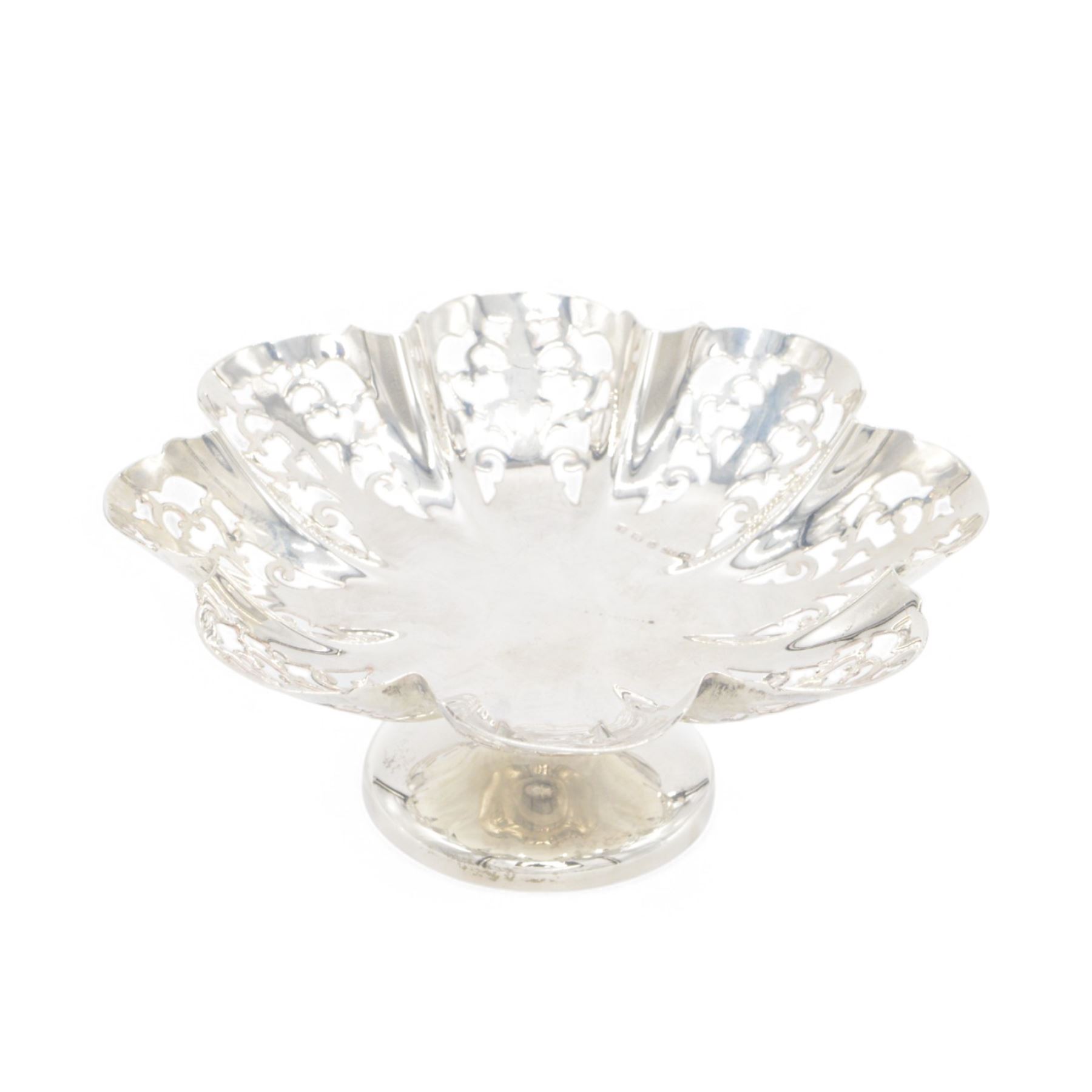 1930s silver pedestal bowl with pierced side, hallmarked Sheffield 1933, makers mark SH  & Co probably Sydney Hall & Co, H6cm
