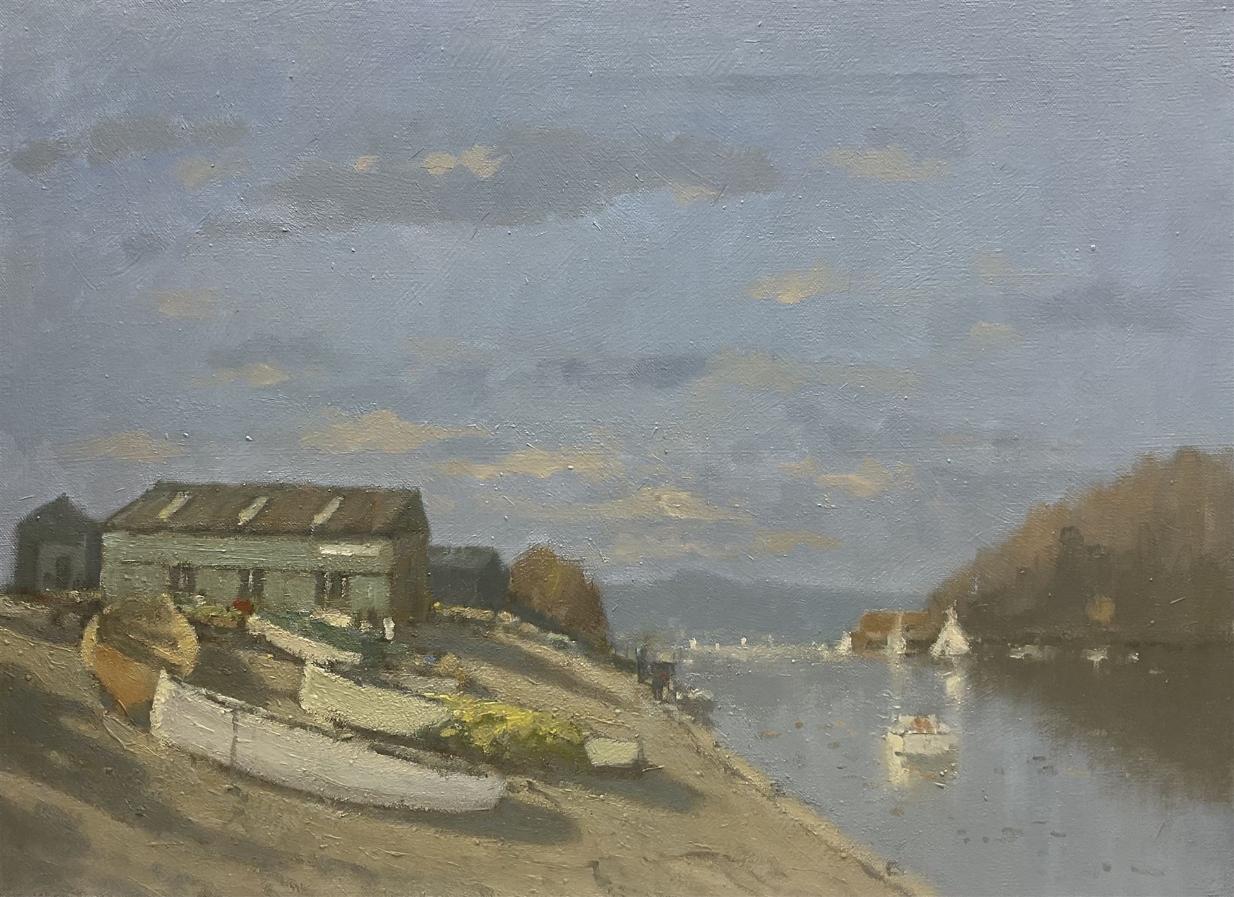 William Burns (Northern British 1923-2010): 'An East Coast Boatyard', oil on canvas unsigned, titled verso 46cm x 62cm (unframed) Provenance: Direct from the family of the artist. 
Notes: Born in Sheffield in 1923, William Burns RIBA FSAI FRSA studied at the Sheffield College of Art before the outbreak of the Second World War, during which he helped illustrate the official War Diaries for the North Africa Campaign, and was elected a member of the Armed Forces Art Society. On his return, he studied architecture at Sheffield University and later ran his own successful practice, being a member of the Royal Institute of British Architects. However, painting had always been his self-confessed 'first love', and in the 1970s he gave up architecture to become a full-time artist, having his first one-man exhibition in 1979.