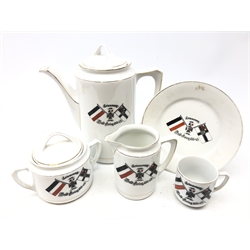  Imperial German Navy part coffee service, white glazed bodies with Kriegsflagge & Handelsflagge crest comprising: Coffee pot and cover H26cm, sugar with cover, milk jug, coffee can and plate, D19cm (7)  