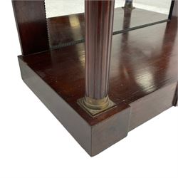 Late 19th century mahogany console or pier table, rectangular green marble top over a break-front frieze inlaid with brass scroll work panels, reed and ribbon gilt metal and wooden beaded applied mouldings, on turned and fluted front supports, plain mirror back over plinth platform base