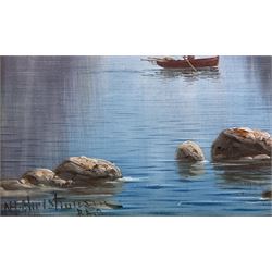 Nils Hans Christiansen (Denmark 1850-1922): Day and Eventide on the Fjords, pair oils on board signed 40cm x 22cm (2)