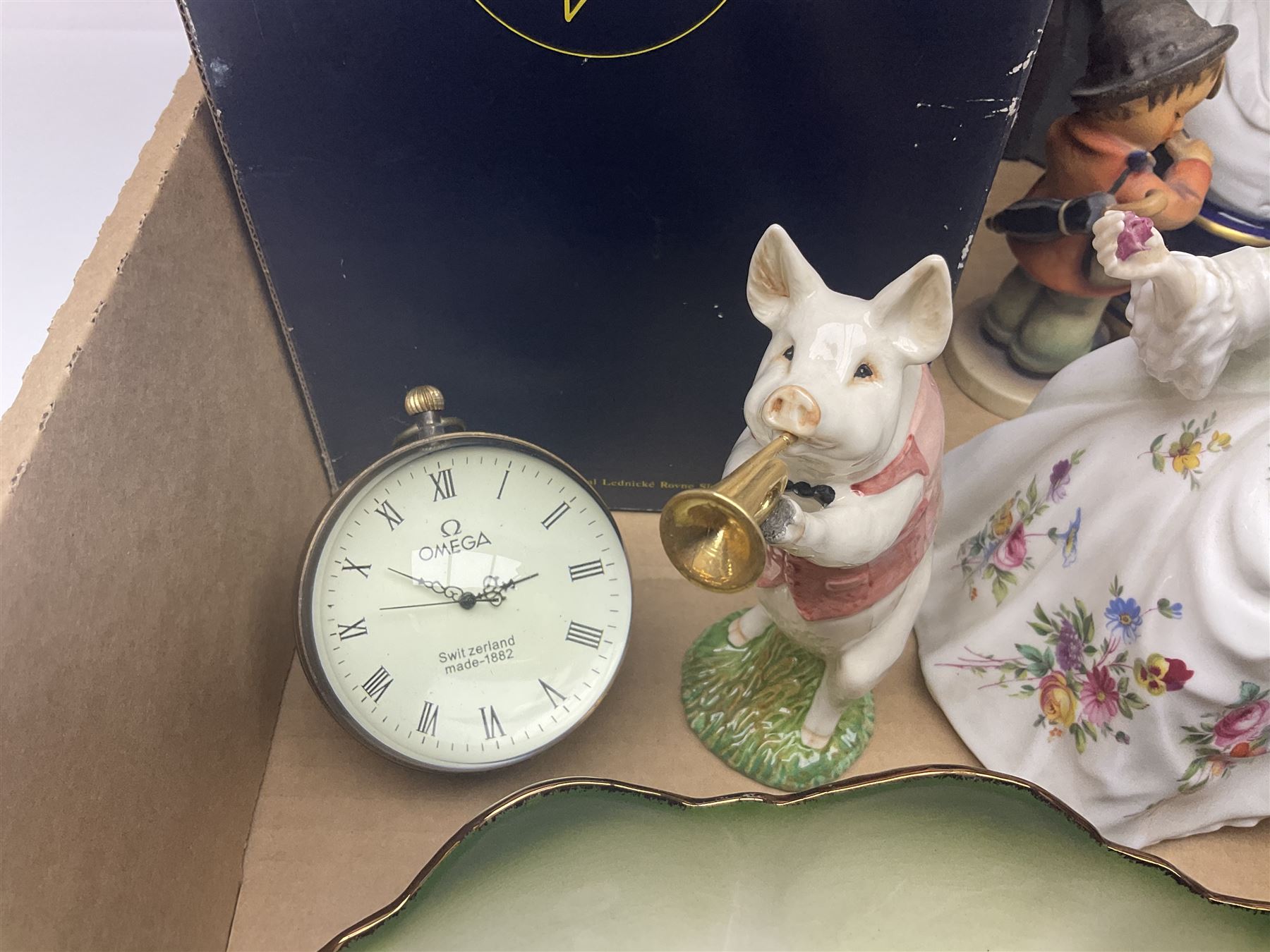 Beswick figure Matthew the trumpet playing pig, together with Royal Doulton figure Diana HN2468, a pair of Limoges busts and other collectables  