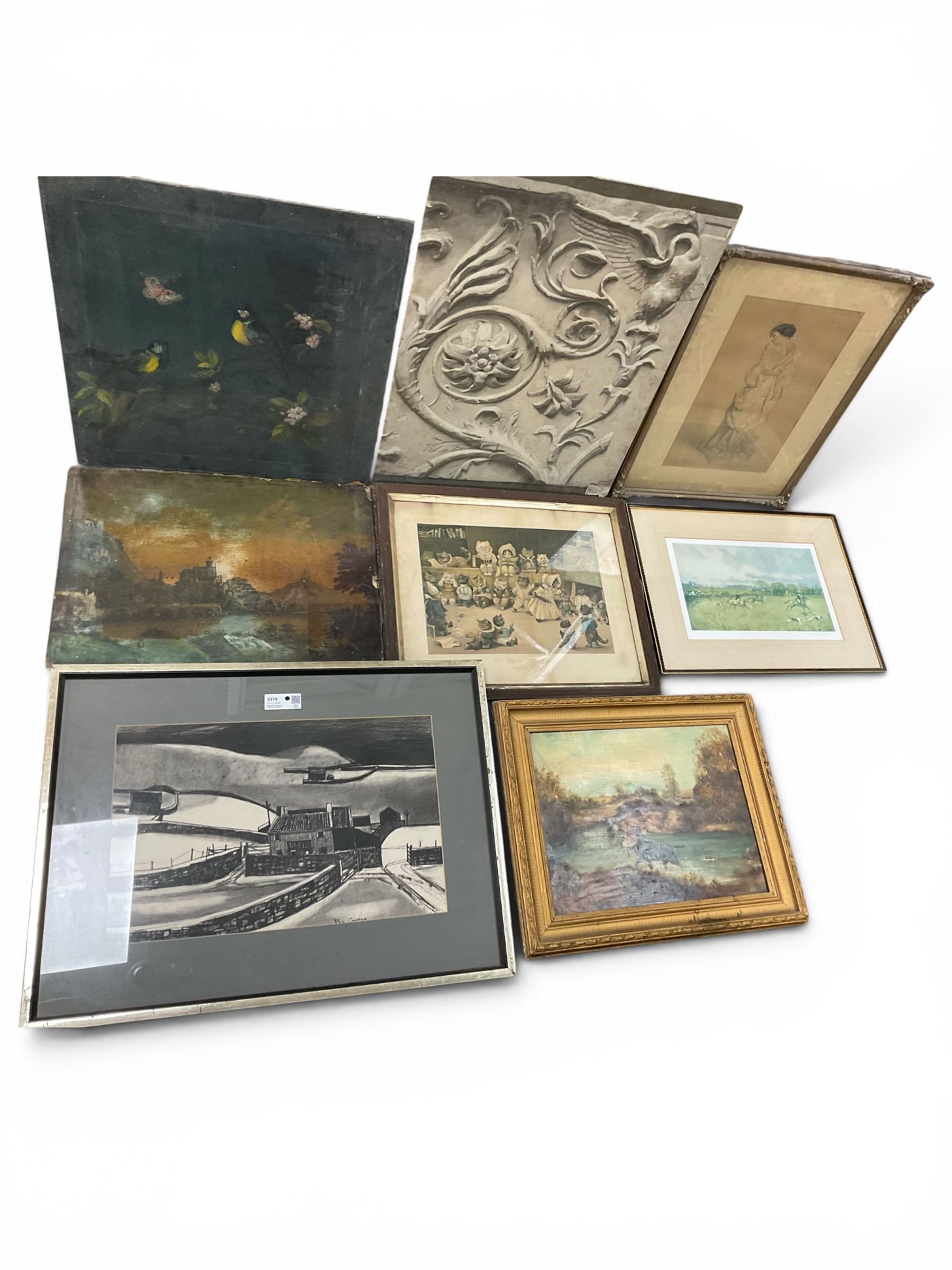 Collection of pictures to include John Carter (Northern British 1931-2007): 'Swaledale Farm - Winter', charcoal drawing; After Louis Wain (British 1860-1939): Mrs Tabitha's Cats' Academy', coloured print and J D Walker (British late 19th century): Carved Stone Detail of a Church, oil on board, variously signed titled and framed max 75cm x 56cm (8)