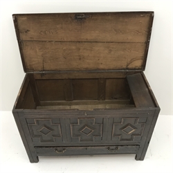 Late 18th century oak mule chest, hinged lid, geometric patterned front panel above single drawer, stile supports, W122cm, H78cm, D56cm  