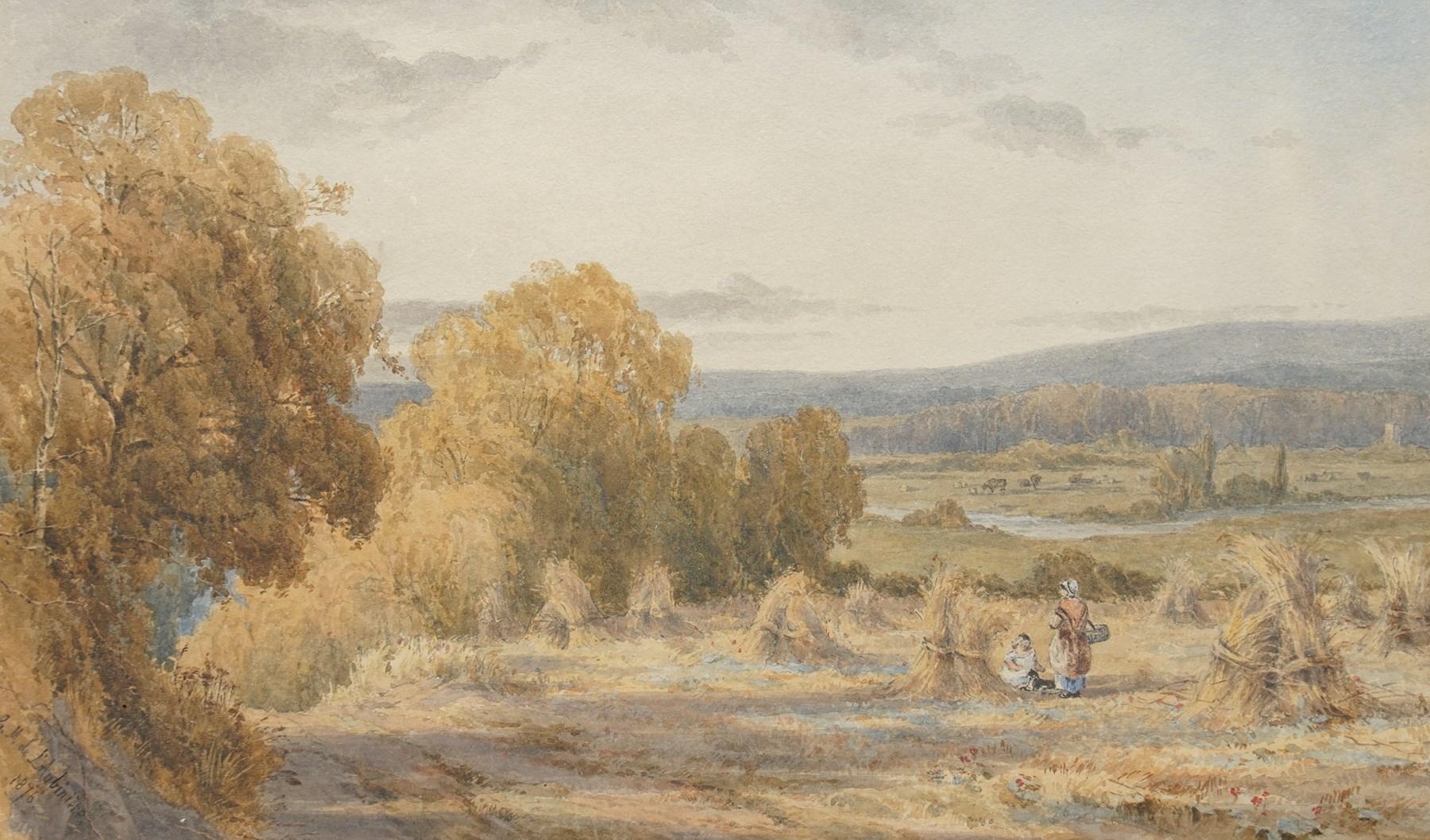 Georgina Martha de l'Aubiniere (British 1848-1930): Mother and Child among Haystacks, watercolour signed and dated 1876, 26cm x 44cm