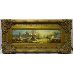  Sailing Vessels in Rough Seas off the Coasts, 20th century oil on wood panel signed by Van Vessen 24cm x 87.5cm in ornate gilt frame  