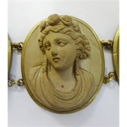  19th Century lava cameo bracelet, decorated with seven oval plaques depicting portraits of Greek mythological figures, L19cm   