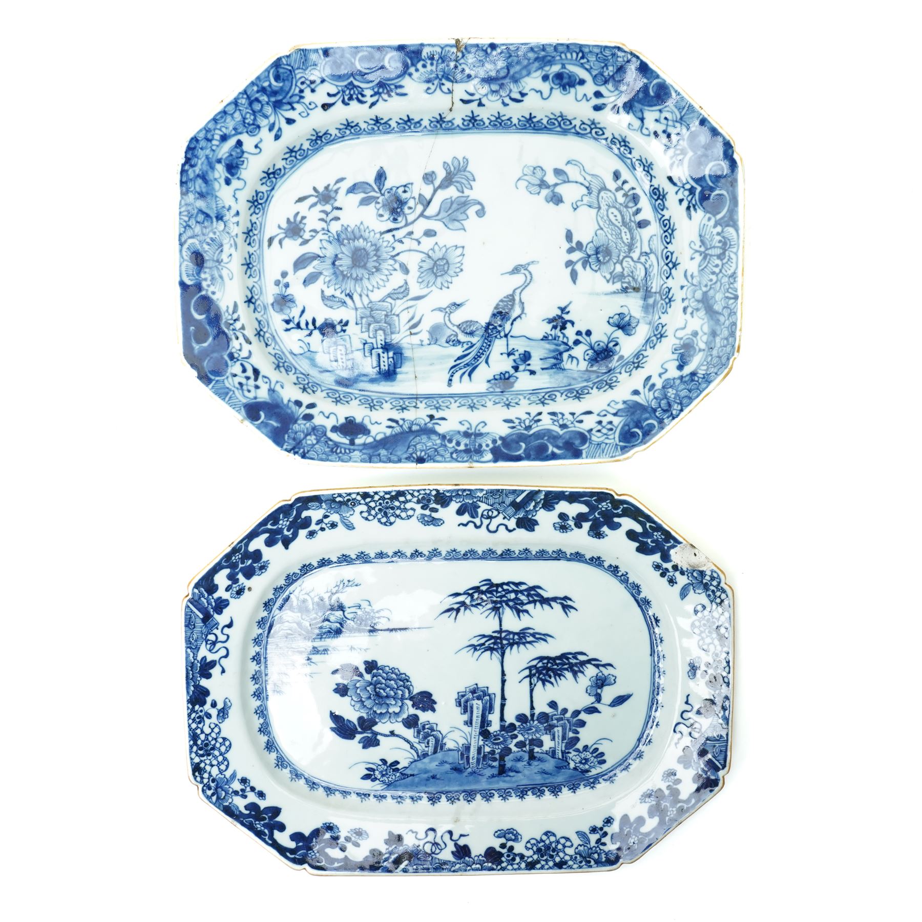 Two 18th century Chinese blue and white platters, painted with traditional landscapes, D31cm 