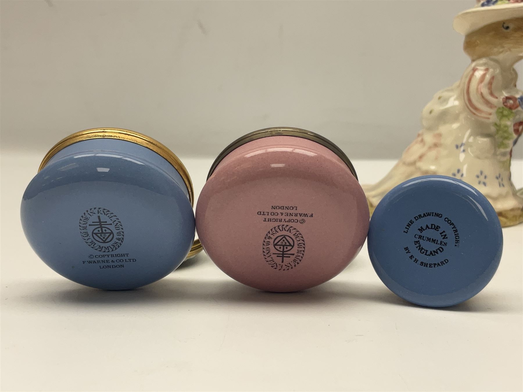 Five Royal Doulton Beatrix Potter figures, comprising Poppy Eyebright, Clover, Lord Woodmouse, Mr Apple and Dusty Dogwood, together with Beswick Appley Dapply figure and three Crummles Beatrix Potter enamel pill boxes