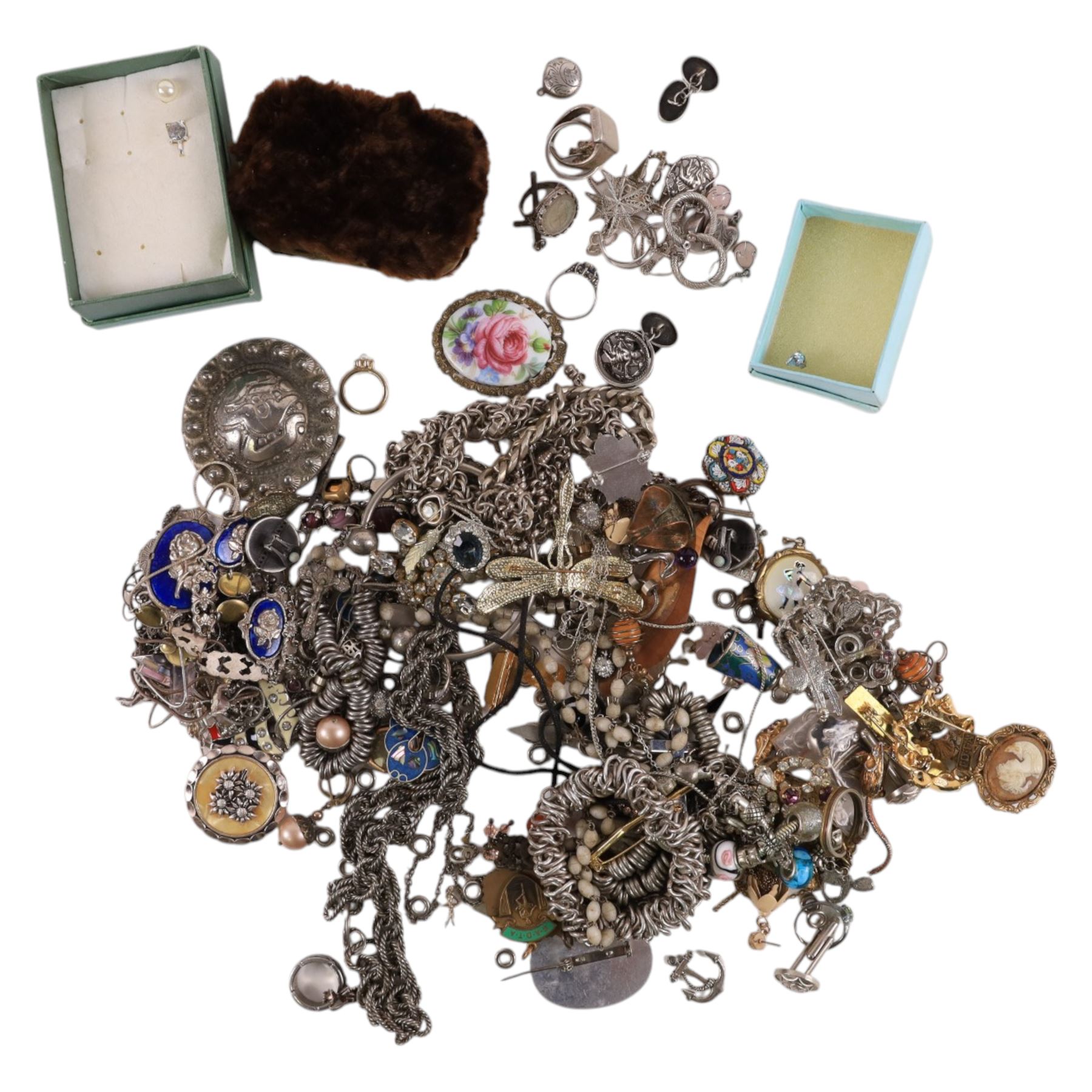 Silver jewellery, including earrings, rings, pendant, etc, together with a collection of costume jewellery