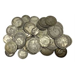 Approximately 270 grams of Great British pre 1920 silver coins, including florins, shillings, sixpences and two four pence pieces
