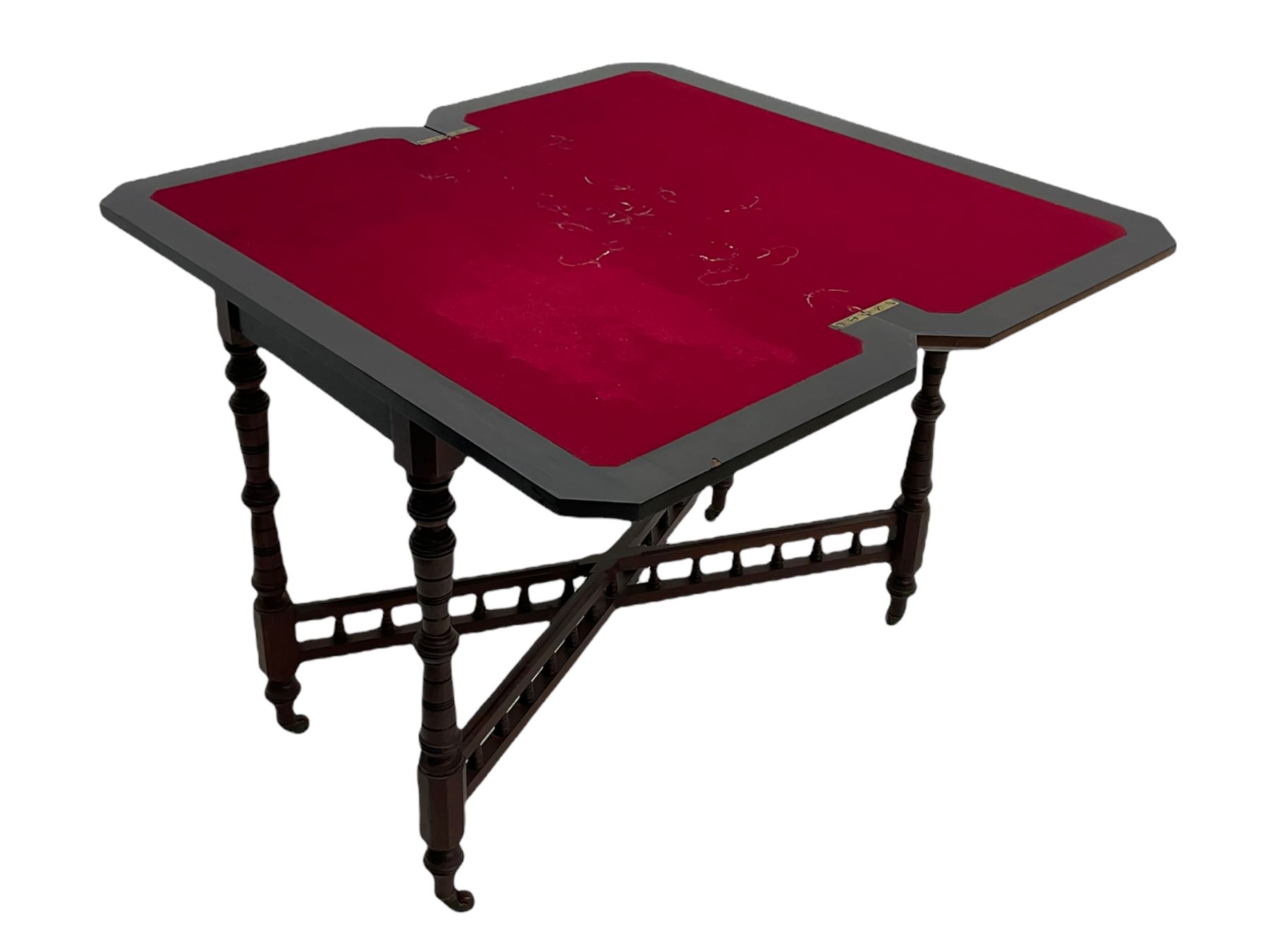 Late Victorian figured walnut and amboyna card-table, rectangular fold over top with baize lining, on turned supports joined by x framed balustrade stretchers