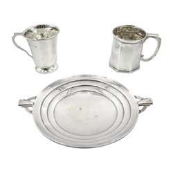 Silver pedestal twin handled dish by Deakin & Francis Ltd, Birmingham 1935, silver christening cup by Charles James Allen, Sheffield 1931 and one other silver cup hallmarked, approx 9.2oz 