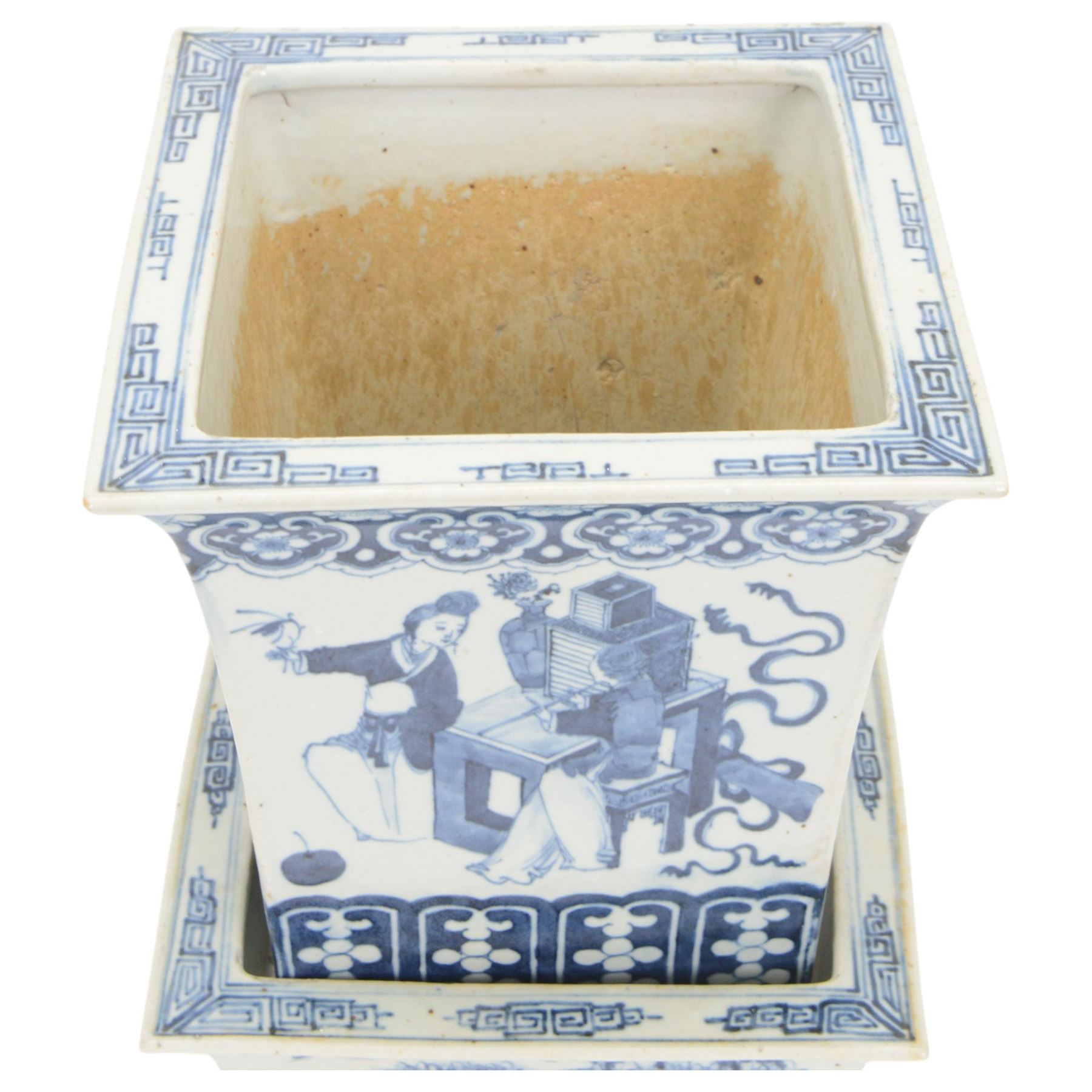 19th century Chinese blue and white planter and stand, each of square slightly tapering and flared form, the planter decorated with figures and precious objects between stylised foliate borders, the stand decorated with landscapes beneath a lipped rim with cell band, planter H28cm D25.5cm, stand H7cm D26cm