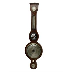 19th century  - mahogany five glass wheel barometer, with an 8” silvered dial and cast brass bezel, flat topped pediment and round base, with hydrometer, spirit thermometer, butlers mirror and level bubble, syphon tube and counterweights intact, mercury present.