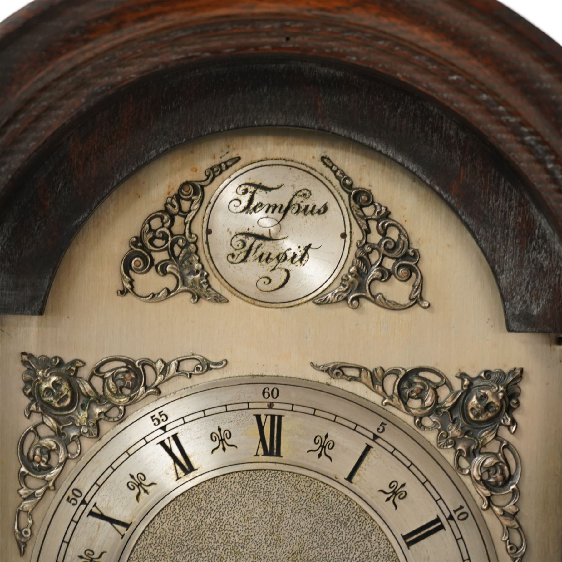 English 1950’s 8-day three train spring driven oak cased grandmother clock, with strike silent facility and pendulum.