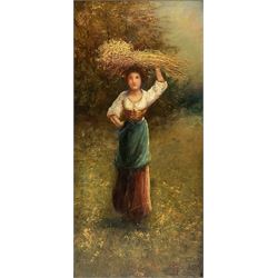 James Andrew McColvin (British 1864-1920): Portraits of Country Women in Landscapes, pair of oils on canvas signed 39cm x 19cm (2) 
