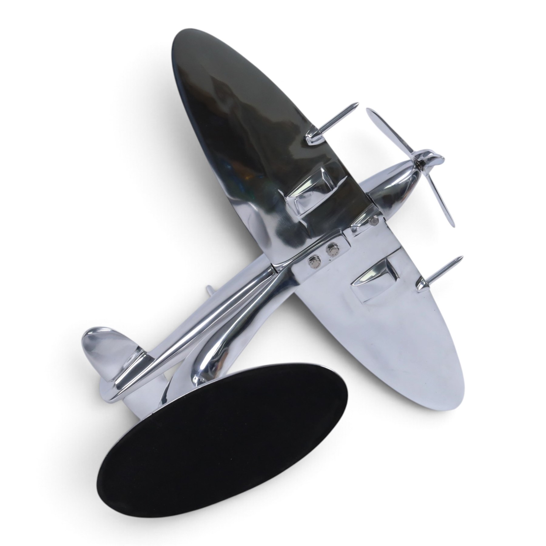 Modern polished metal model of a Spitfire, H36cm