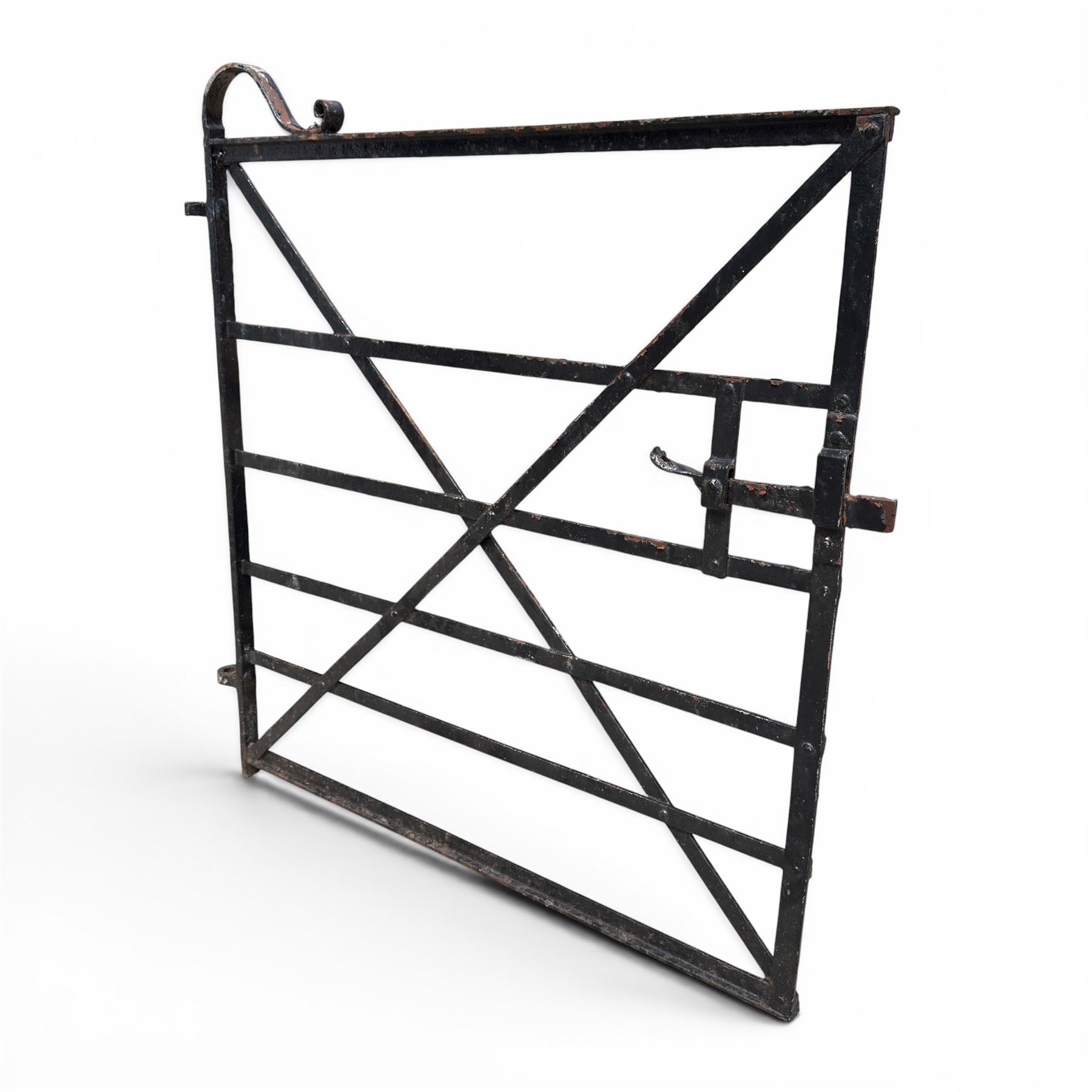 Georgian wrought iron single strapwork gate of small proportions, with scroll design and hinged latch