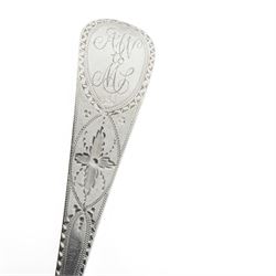 Pair of George III silvet table spoons  'AW to ML' with bright cut stems L23cm London 1799 Maker Peter, Ann and William Bateman