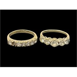 Two 9ct gold stone set rings, including a five stone paste ring and a half eternity ring, hallmarked 