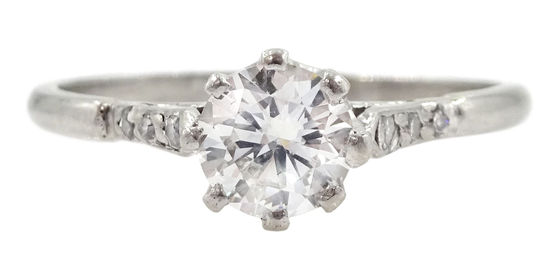 Platinum single stone round brilliant cut diamond ring, with diamond set shoulders, stamped Plat, diamond approx 0.55 carat