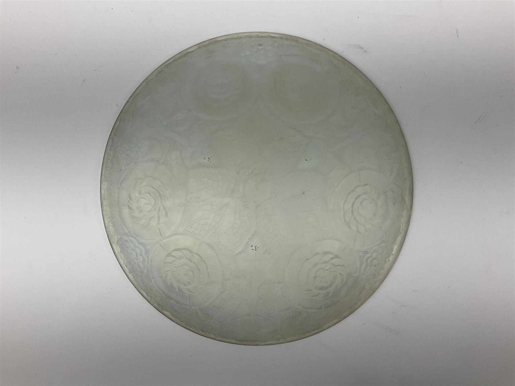 Early 20th century French opalescent shallow glass dish, with moulded floral decoration, D31.5cm