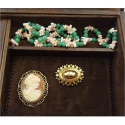Victorian 9ct gold mourning brooch, Birmingham 1900, late 20th century 9ct gold cameo brooch and a aventurine and pink coral necklace, in a montana calf leather jewellery box