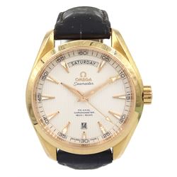 Omega Seamaster Aqua Terra 150M Co-Axial Chronometer Day-Date 18ct gold wristwatch, Cal. 8612, serial No. 86569172, on original black leather strap with 18ct gold fold-over clasp, boxed with certificate and warranty 2016