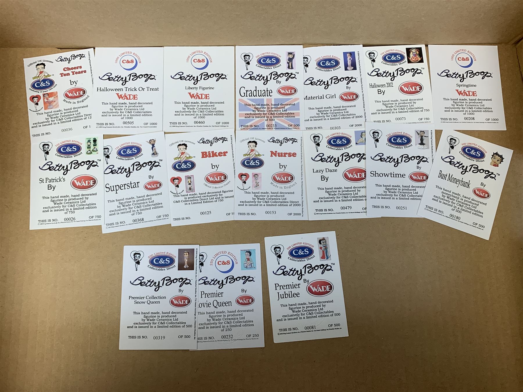 A collection of nineteen Wade Betty Boop figures, comprising Premier Movie Queen, 232/250, Premier Collection Snow Queen, 319/500, Premier Jubilee, 81/500, Bust Moneybank, 180/500, Showtime, 251/750, Lazy Daze, 479/750, Nurse, 153/2000, Biker, 125/750, Superstar, 368/750, St Patrick's, 26/750, Springtime 208/1000, Cheers Ten Years, 36/1250, Halloween Trick Or Treat, 505/1000, Halloween 2002, 73/750, Liberty Figurine, 460/1000, Material Girl, 303/, and Graduate, 233/500, all with accompanying certificates, and three examples without certificates, Rainy Days, Rose, and Trick of Treat 2003.