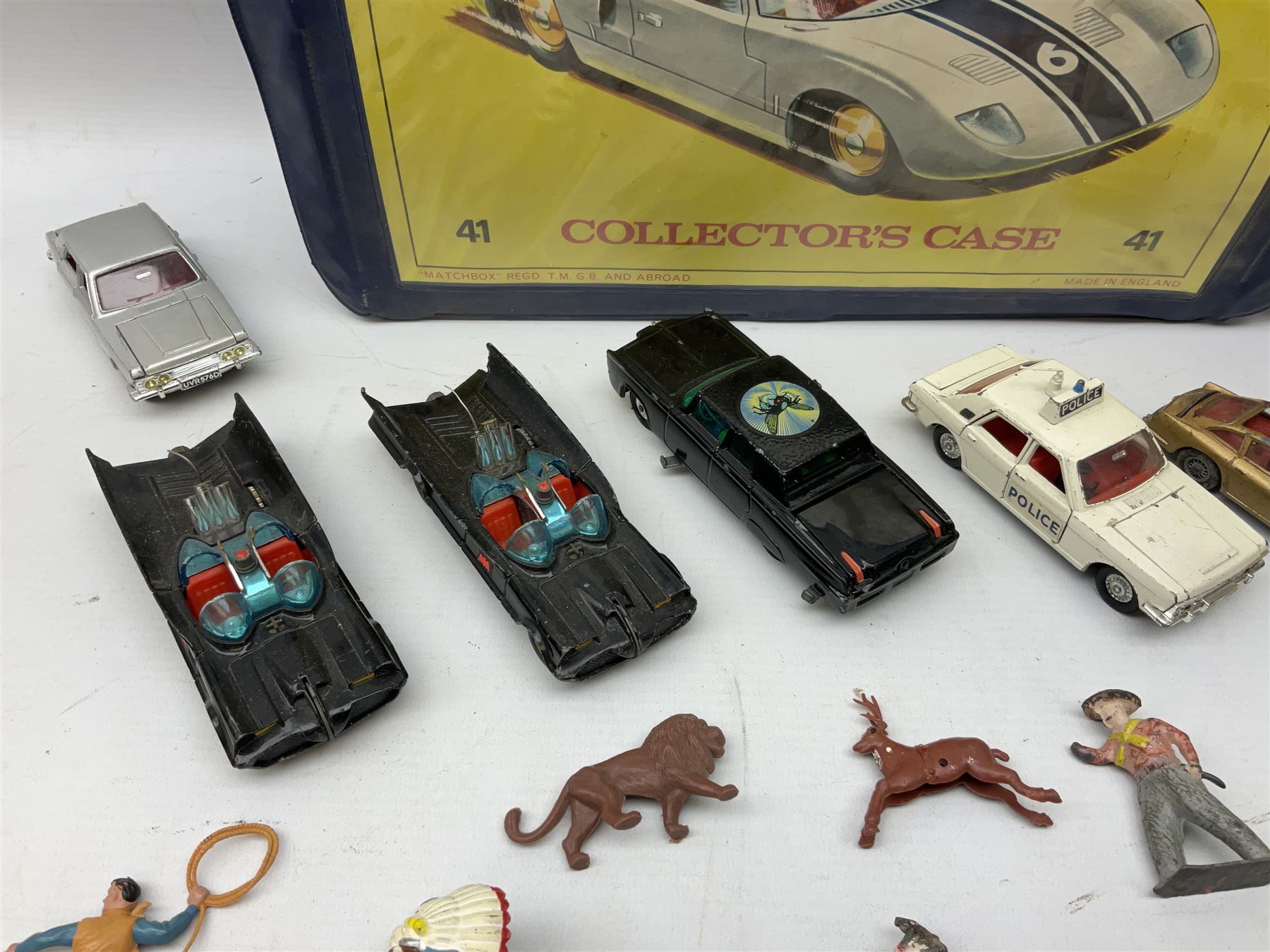 Unboxed and playworn die-cast models of TV/Film interest by Corgi including Green Hornets Black Beauty, two Batmobiles, James Bond Aston Martin DB5, Saints Volvo P1800 etc; two Matchbox 1-75 Series Collector's Cases including various playworn models; and quantity of playworn lead and plastic figures by Britains etc