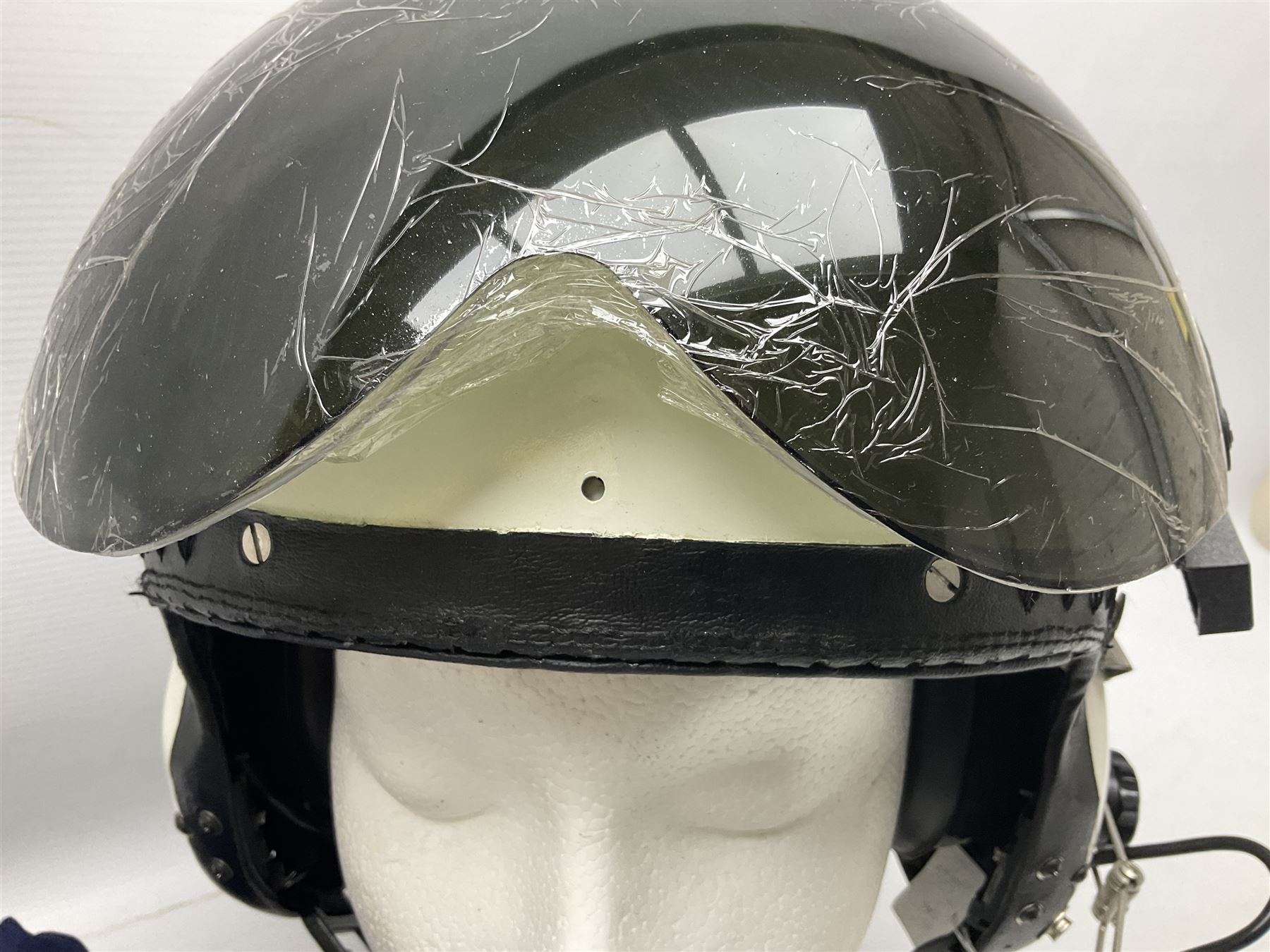 RAF Alpha MK 4 helicopter pilot's flying helmet, finished in white for civilian/rescue service use; reconditioned and avionics tested as working; black cloth cover to visor; fitted with boom microphone; medium size; in blue cloth carrying bag