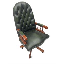 Swivel reclining desk chair upholstered in green buttoned leather