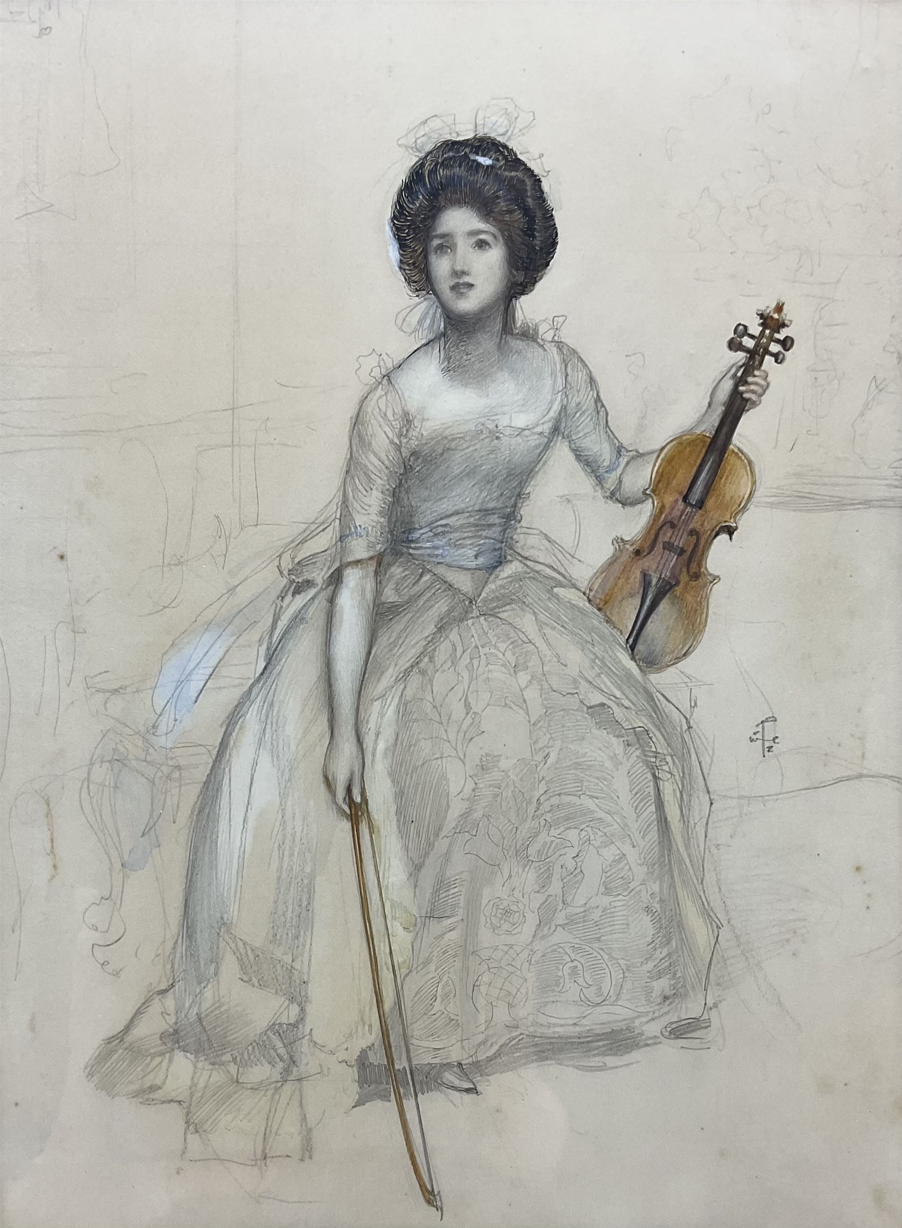 Joseph Walter West (British 1860-1933): Lady with Violin, watercolour and pencil signed with monogram 29cm x 22cm