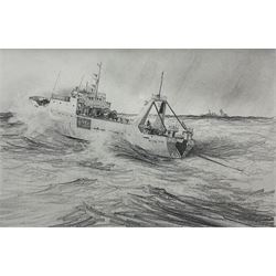 John Steven Dews (British 1949-): Hull Deep Sea Trawler, pencil, signed and inscribed '1980 Amoco Calendar sketch Eleven' verso 19cm x 29cm
Provenance: in the autumn of 1979 Steven accepted a commission from Amoco to execute twelve pictures for their 1980 calendar to reflect the development of the ocean-going vessel from Drake's 