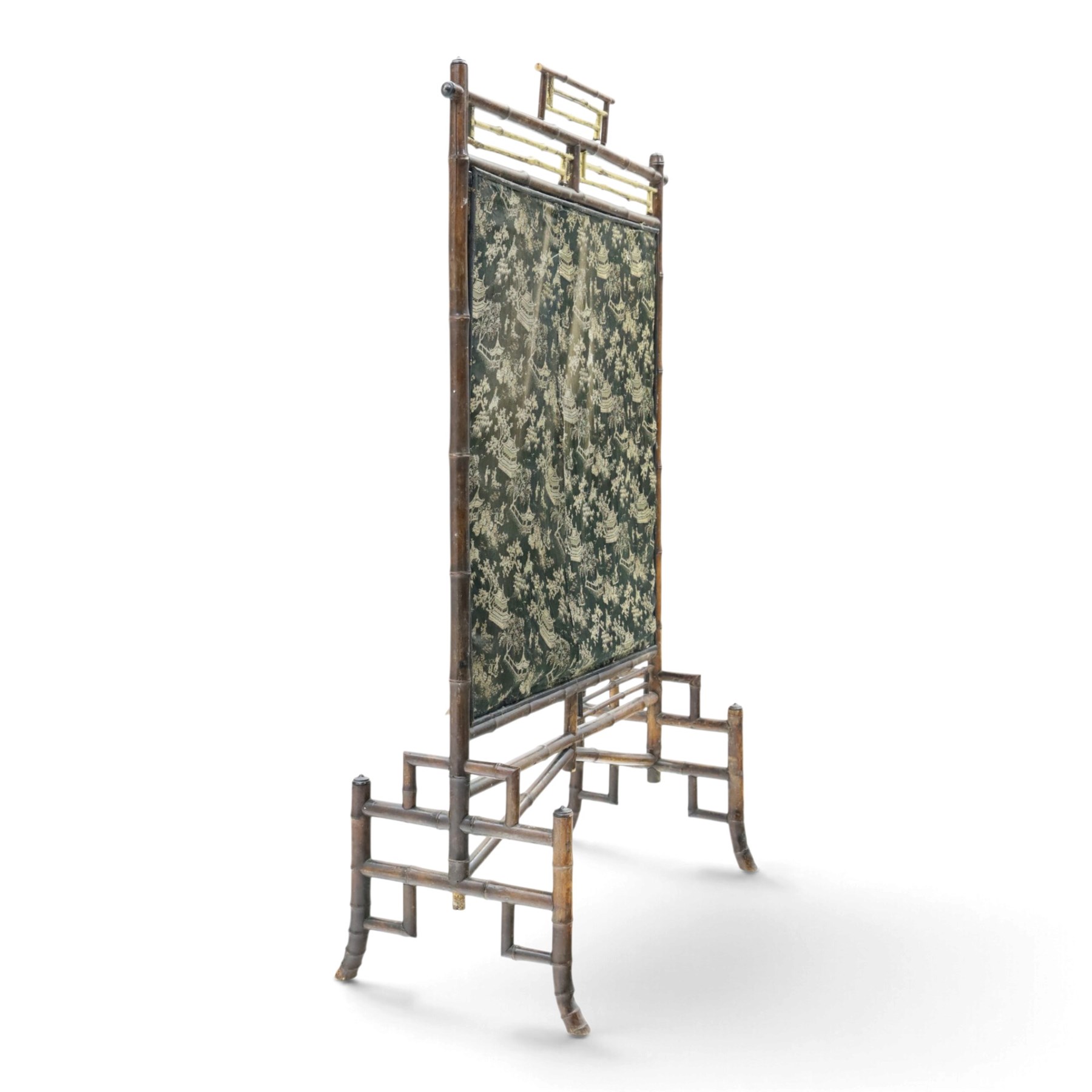 Victorian Aesthetic Movement bamboo framed fire screen, geometric bamboo frame with gilt elements, later applied fabric panel