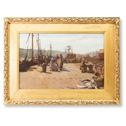 Frederick William Jackson (Staithes Group 1859-1918): Sorting Fish on Whitby New Quay, with Larpool Woods in the distance, oil on canvas signed and dated 1886, 54cm x 80cm 
Notes: for a watercolour of almost identical composition dated 1893, see Sotheby's Sussex 18 July 2001 Lot 199